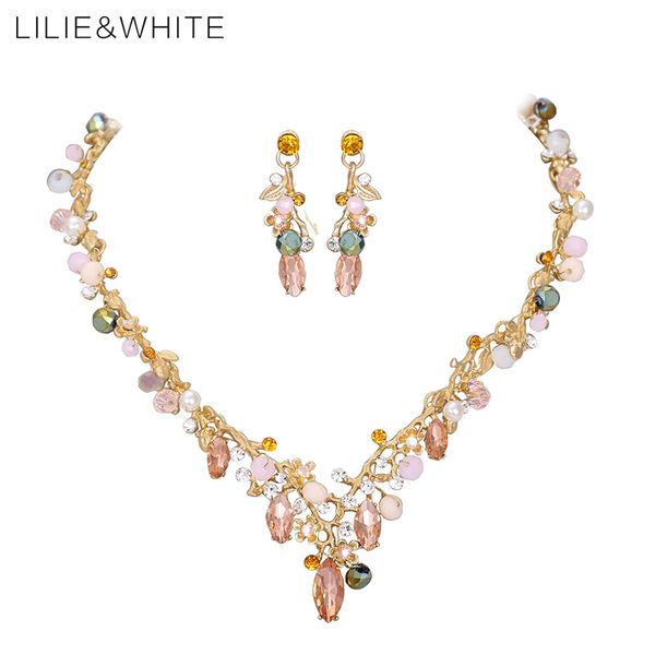 

lilie&white bohemia colorful beads crystals earrings necklace luxury wedding accessories for bride bridesmaid jewelry sets hc, Silver