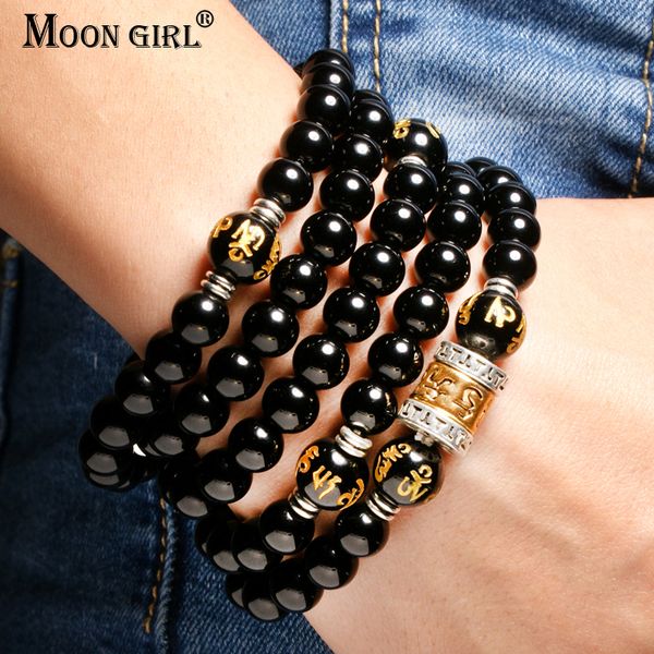 

moon girl diffuser obsidian 108 mala beads elastic bracelet femme buddhism yoga scripture chakra pulseras hombre prayer dropship, Black