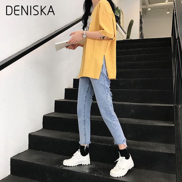 

deniska 2018 spring summer new blue ripped skinny ankle length pants women fashion denim trousers high waist button