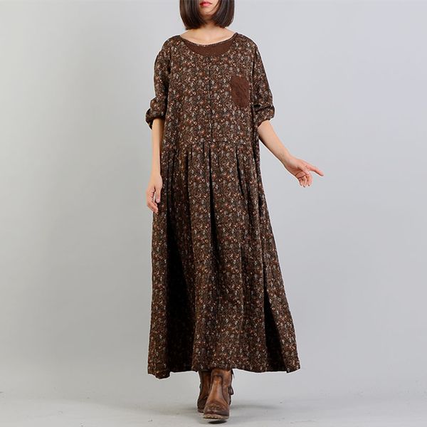 

johnature 2018 spring new cotton linen women print dresses loose waist o-neck patchwork nine points sleeve long dresses, White;black