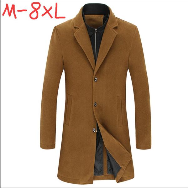 

men's wool & blends l-8xl autumn and winter clothing thicken coat suit collar trench plus fat size long coats, Black