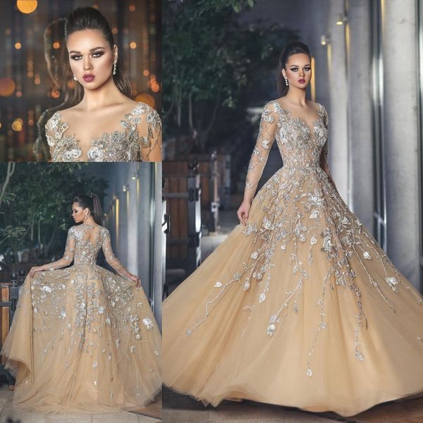 

champagne arabic middle east prom dresses celebrity 2018 scoop neck long sleeves beading lace evening gowns floor length, Black
