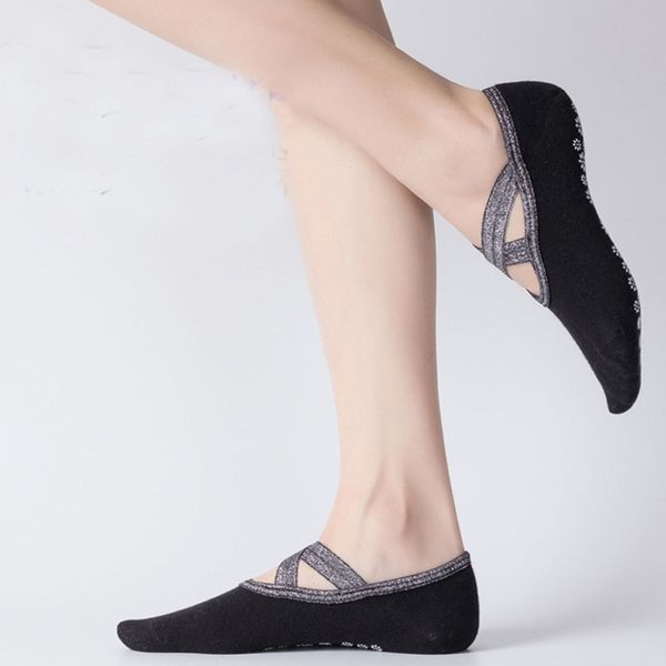 

1 pair women yoga socks anti-slip bandage backless massage sport yoga socks breathable silver ribbon ballet, Black
