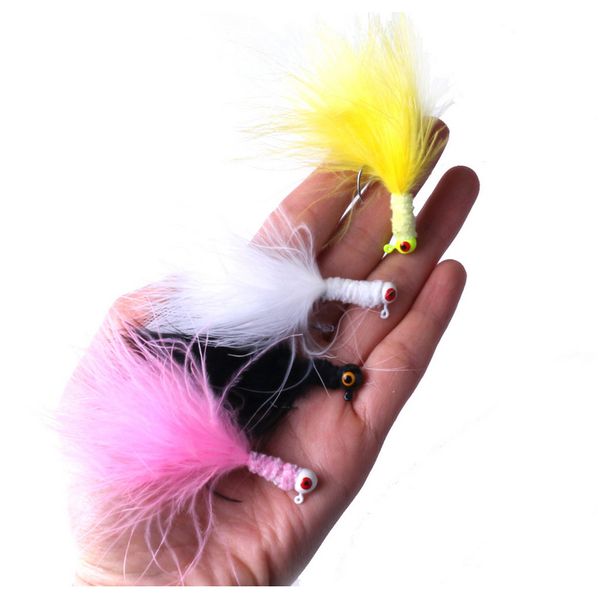 16 pcs 3cm-3.5g Branco / amarelo / preto / rosa Cor Pesca marabu Jigs Crappie Jigs Lures Kit Pesca chumbo Gancho Cabeça com pena de marabu Chen