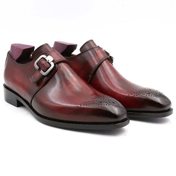 

men dress shoes monk shoe custom handmade shoe single strap buckle color deep wine square toe genuine calf leather mk-02, Black