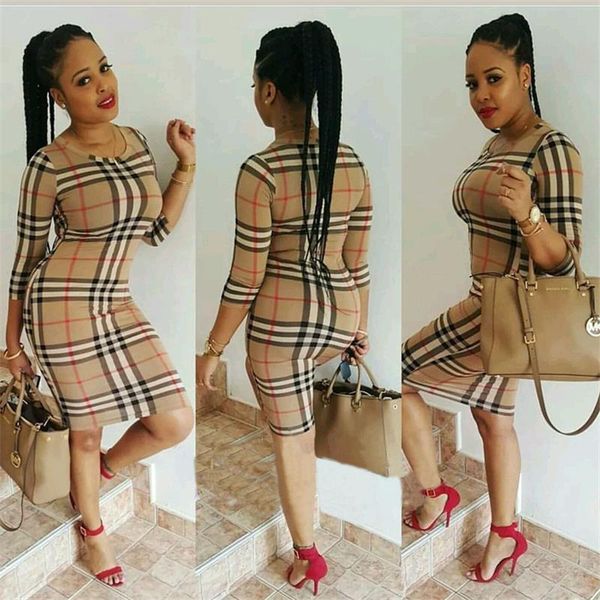 

2019 fashion new british style women dress summer o neck three quarter sleeve plaid party work business casual dresses, Black;gray