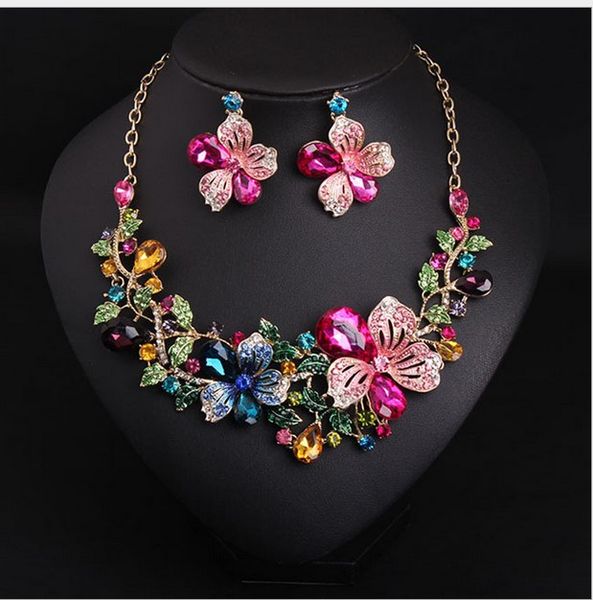 Exagerada Flor Pedra Preciosa Rubi Eearring Colar Set Curto Clavícula Mulher Nupcial Jóias Bib Declaração Colar Moda Coreano Acessórios