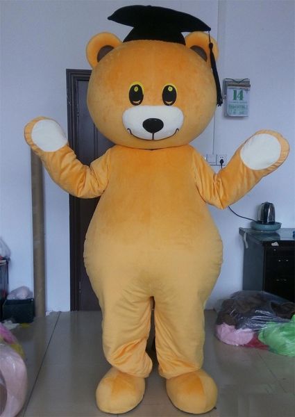

2018 a brown bear mascot costume with a doctorial hat for to wear, Red;yellow