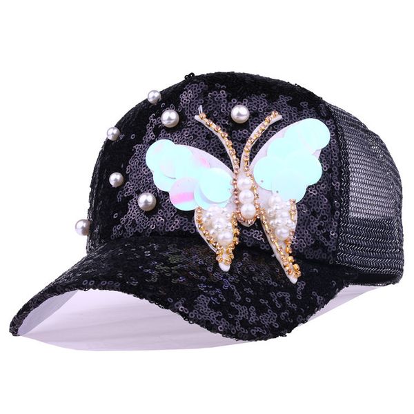 

summer adjustable black white snapback cap hat fashion sequins rhinestone butterfly with pearl baseball cap hat women outdoor, Blue;gray