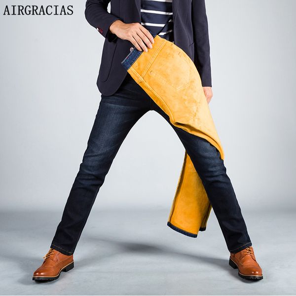 

airgracias mens winter stretch style thicken jeans warm fleece soft denim biker jean long pants trousers size 28-40 brand jean, Blue