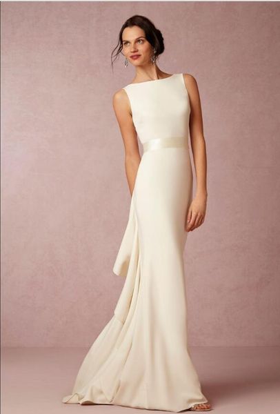 2018 Sommer Strand Satin BHLDN Hochzeitskleid Sexy Rückenfreie Rüschen Mantel Bodenlang 2015 Maßgeschneiderte Country Farm Braut Hochzeit Gastkleid