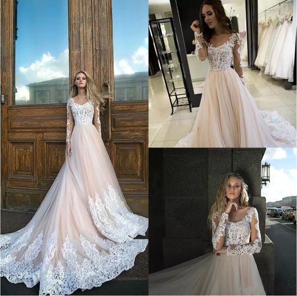 

2019 olivia bottega country wedding dresses sheer scoop neck lace appliques pearls a line long sleeve bridal gowns custom made wedding dress, White