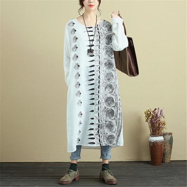

buykud 2018 spring& autumn printed white dress women loose casual dresses round neck long sleeve midi robe dress with pockets, White;black