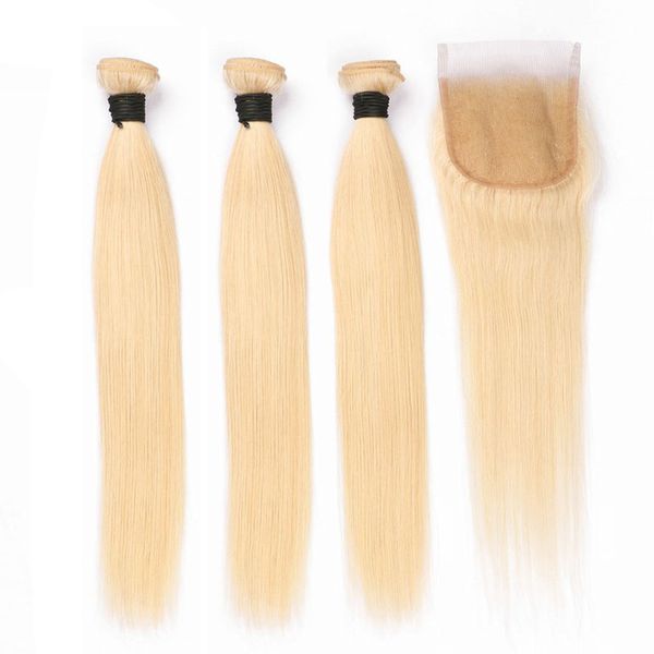 

brazilian remy hair weaves straight #613 human hair bundles with 4x4 closure pure blonde colored hair weft extensions, Black