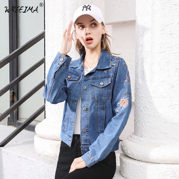 

2018 spring autumn women denim jacket long sleeve turn-down collar embroidery floral slim short jeans jacket woman denim coat, Black;brown