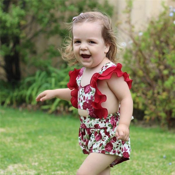 Roupas meninas Rosa Vermelha Plissado Romper Manga Romper Do Bebê Recém-nascido Menina Floral Romper Macacão Playsuit Crianças Roupas Sunsuit Criança Roupas