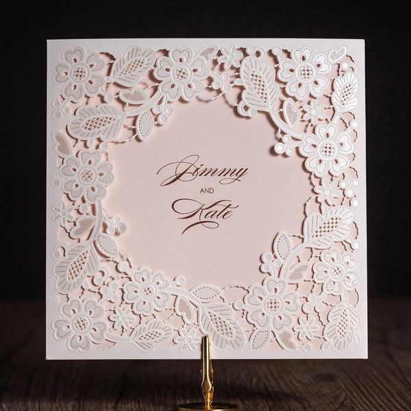 

laser cut wedding invitation cards kits with embossed hollow floral gold square invite card for bridal shower engagement birthday cw5279, Black