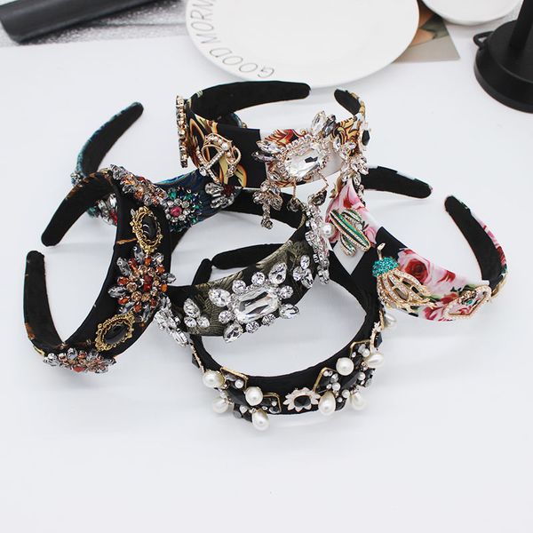 

baroque headband fashion temperament pearl leaves flowers cross geometry wild headband dance party luxury accessories 1039, Golden;white