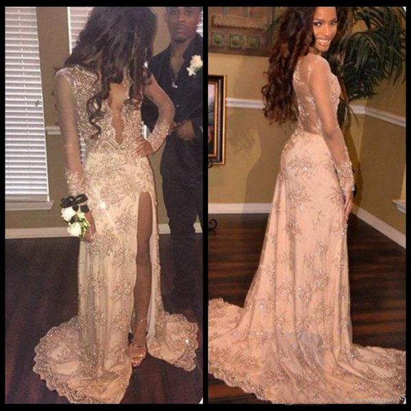 

Sexy Lace Mermaid Prom Dresses Illusion Long Sleeves Sparkling Lace Split Black Girl Prom Gowns Evening Party Dress