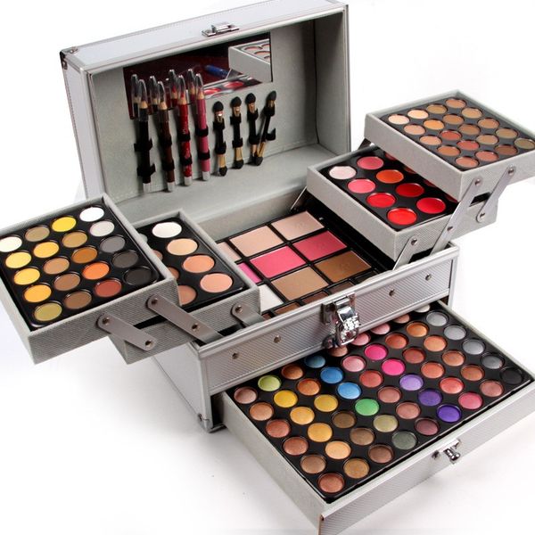 

wholesale- miss rose professional makeup set box in aluminum three layers glitter eyeshadow lip gloss blush for makeup train cases