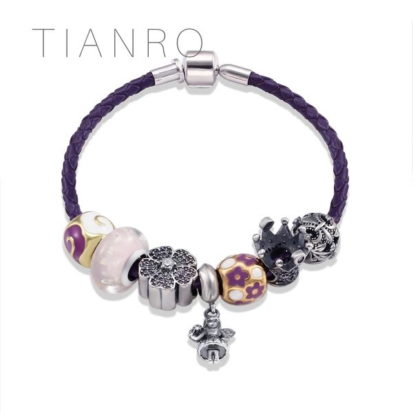 

тяньро ретро фиолетовый кожаный плетеный канат ручной diy бисером шарм браслеты для женщин маленькая девочка шарм с короной драгоценности, Black