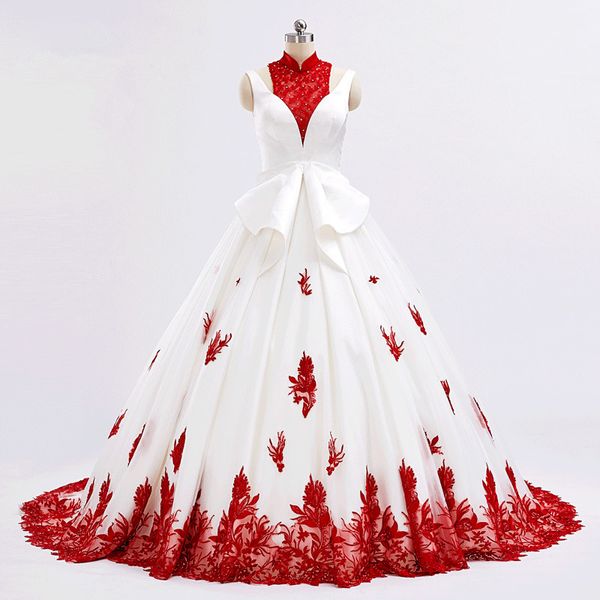 Setwell Red Lace A Line Vestidos De Noiva Elegante Colares Altos Varredura Treinar Vestidos De Casamento Country Spaghetti Plus Size Nupcial Dress