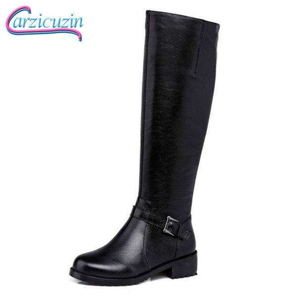 

carzicuzin size 34-43 women knee boots genuine leather shoes round toe zipper metal buckle long boots women shoes footwear, Black