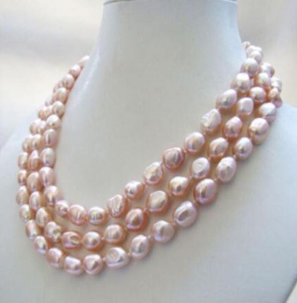 

new 1016+++sell noble- 3 strands real nature purple baroque freshwater pearl necklace 9-11mm, Silver