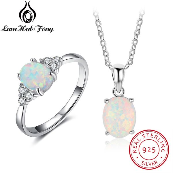

women 925 sterling silver jewelry sets oval white opal ring necklace bridal fine jewelry set party accessories (lam hub fong, Black
