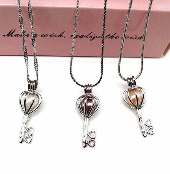 

love key necklace with 18kgp cage lockets and nature fresh water pearl pendant, hollowed-out, hign quality and ing, Silver