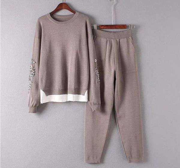 

women winter two -pieces knitted tracksuits o -neck beading cotton wear long knitted pants winter 2pcs knitting suits female, Gray