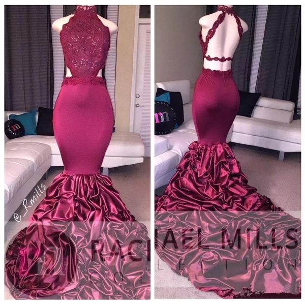 

criss cross back burgundy mermaid long prom dresses 2021 lace appliqued sleeveless open back sequins ruffled sweep train evening party gowns, Black