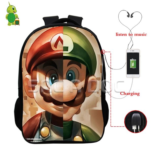 

super mario luigi split backpacks multifunction usb charge headphone jack lapbags for teens children school travel bags