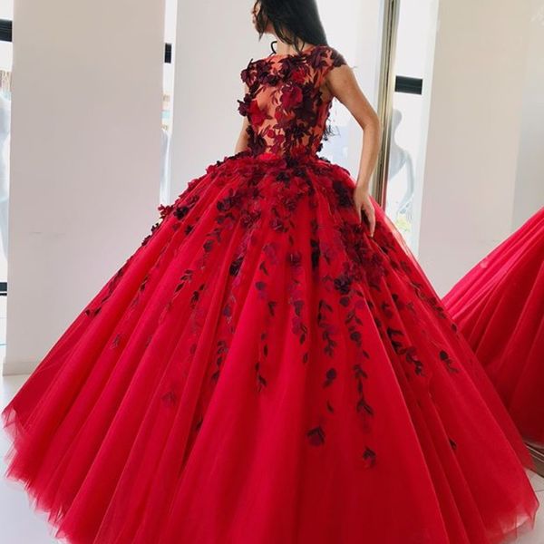 

восхитительная бальное платье quinceanera платья лепестки аппликация cap рукавом вечерние платья гламурный тюль пром платье дубай вечерняя о, Black;red