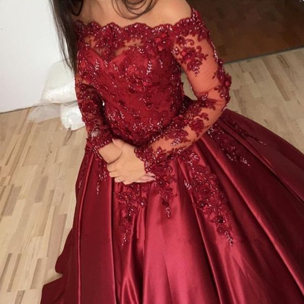 Abito da ballo gotico in raso di pizzo rosso scuro Abiti da sposa colorati con maniche lunghe con perline al largo della spalla Abito da sposa colorato da donna araba