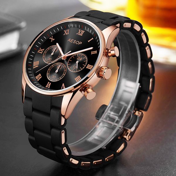 

aesop new black men watch quartz wristwatch silicone & alloy band fashion male clock wrist waterproof relogio masculino hodinky 31 5002g, Slivery;brown