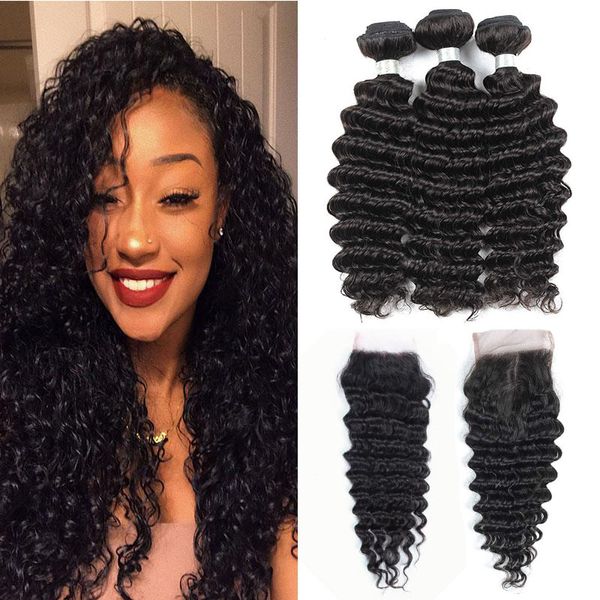 

deep wave bundles with closure grade 10a brazilian virgin hair 3 bundles with 4x4 lace closure human hair weaves extension natural color, Black;brown