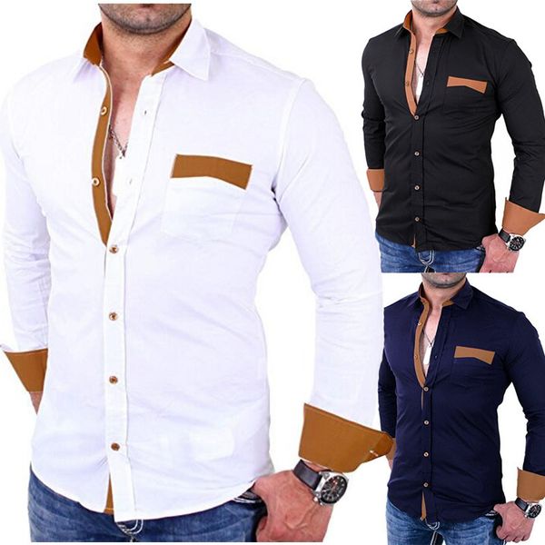 

men's wear autumn and winter new style men's lapel long sleeved shirt pocket coloured slim youth shirt men clothes 2018, White;black