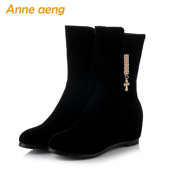 

2019 autumn winter women boots ankle 6cm height increasing zip ladies warm snow boots black women shoes big size 33-41