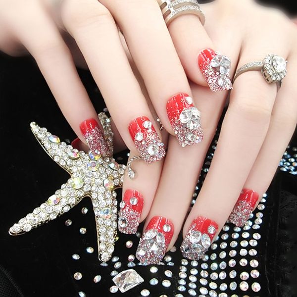 

24pcs e7 no gule acrylic design rhinestone false french nails nail tips diy art manicure, Red;gold