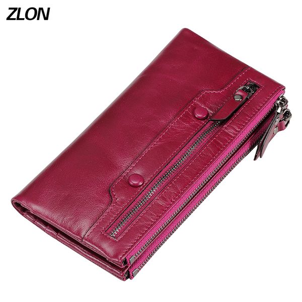 

zlon women's double zipper wallets 100% oil wax leather ladies purses coin pocket long wallet phone clutch bag for women q359, Red;black