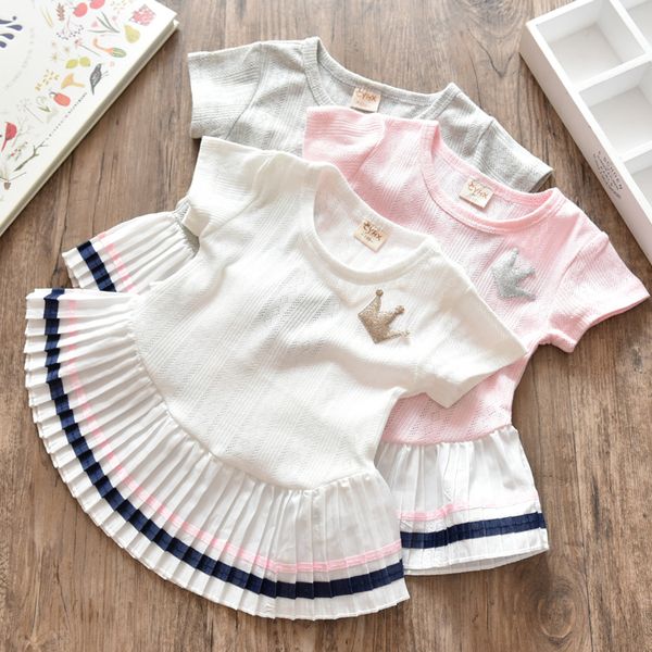 

2018 summer baby girls cotton t shirts short sleeve baby girls crown tees white grey pink pleated mini tunic dress, Red;yellow