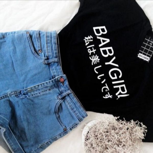 

baby girl японские harajuku знаки печать tshirt tumblr женщины мода одежда панк tee shirt femme черный белый tshirt причинная, White