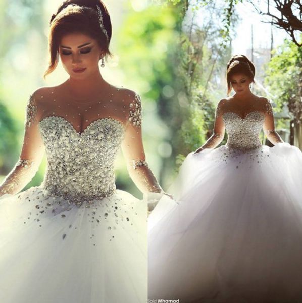 

fashion luxury wedding dresses pearls beads crystal ball gown wedding dress long sleeves backless floor length custom, White