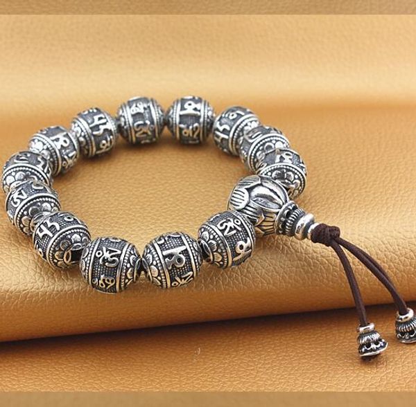 

handmade 100% 925 silver tibetan six words proverb beads bracelet pure silver mala bracelet buddhist words good luck, Black