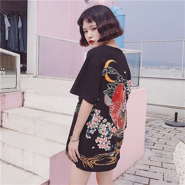 

women kawaii summer new style bf ukiyo-e original squid printed loose t-shirt women's t-shirts japan harajuku ladies vintage, White