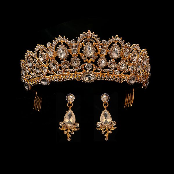 

red queen crown crystal bridal tiaras bride crown and earrings baroque headband wedding accessories diadem hair jewelry ornament, Slivery;golden