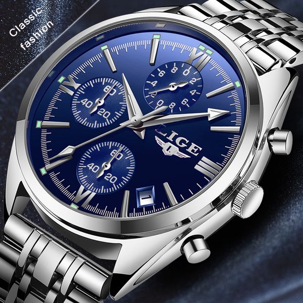 

relogio watch men 2018 lige brand men's stainless steel fashion business quartz xfcs male wristwatch relogio masculino clock, Slivery;brown