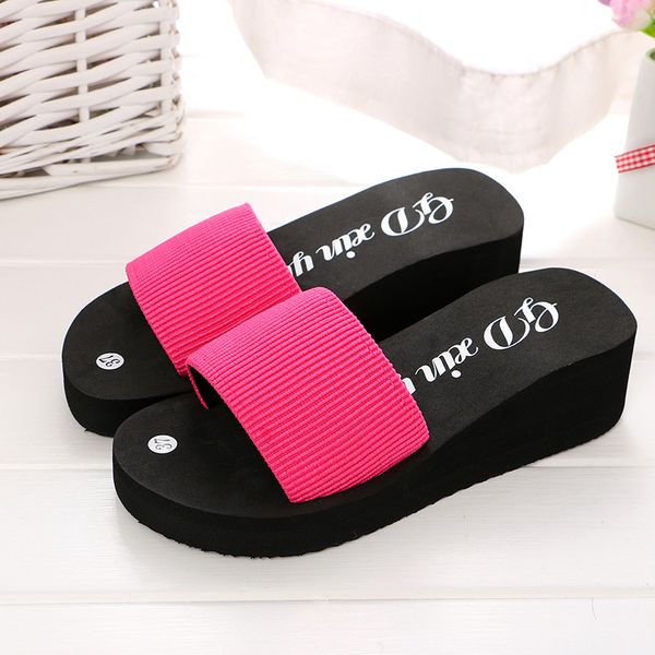 

wholesale beach shoes summer fashion solid color thick-soled slipper scuffs women's casual breathable wedge heels slippers plus size, Black