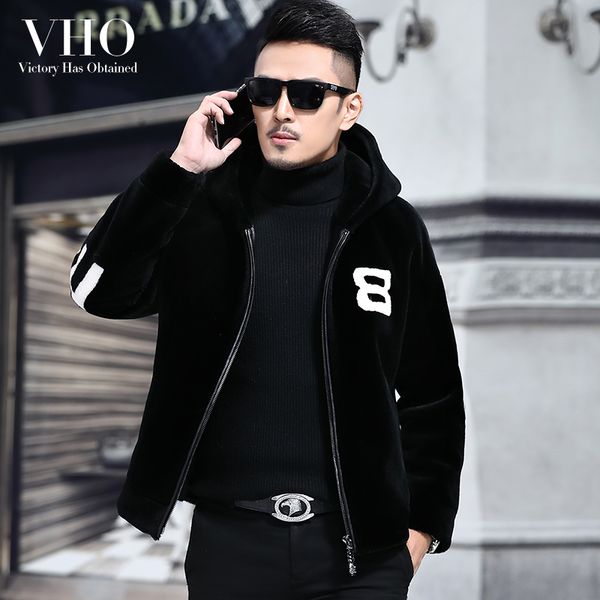 

vho natural real fur lamb wool coat for men short hooded fashion shearling motorcycle/biker genuine leather jacket warm thick, Black